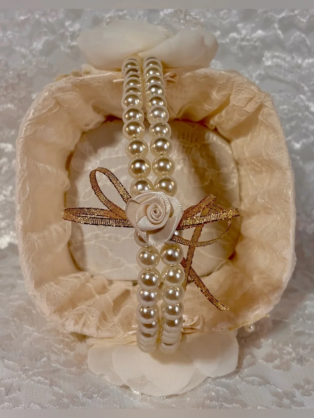 🌸 Handmade Ivory, Cream and Gold Ring Pillow and Flower Basket